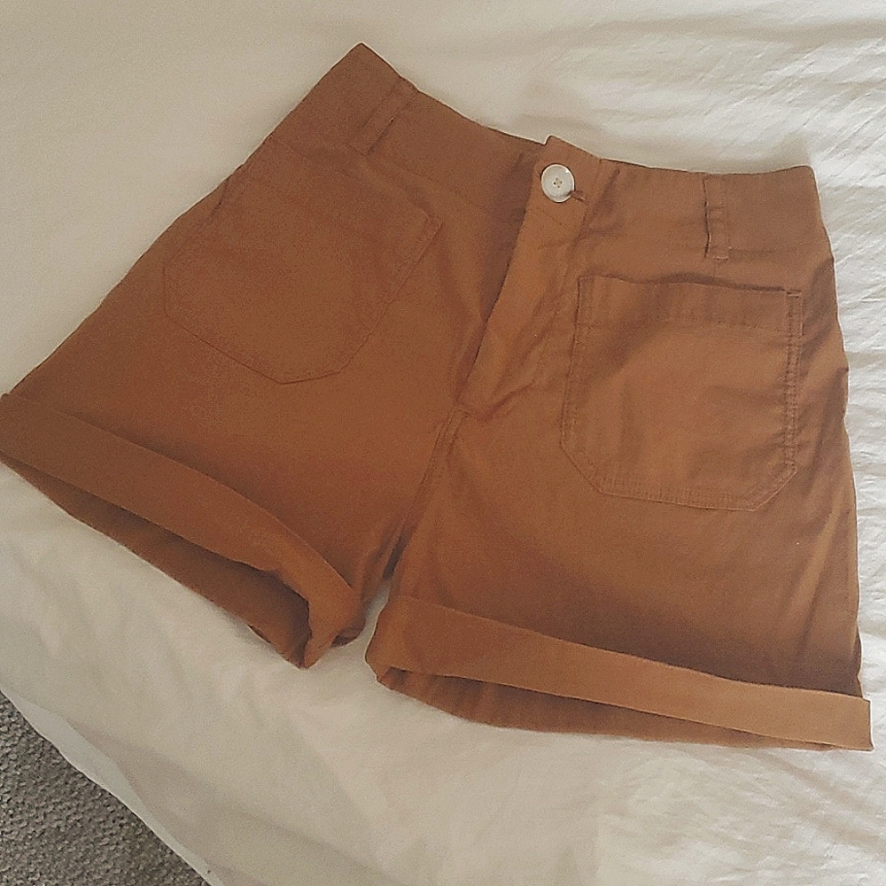 Anthropologie High Waisted warm brown / rust stretch Shorts 27.